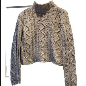 Reference Point Chunky Cable Knit Turtleneck  Crop Sweater Wool Blend Gray M